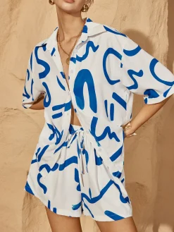 COMMENSE Shorts Sets|Shorts^Print Drawstring Shift Shorts Set Bluewhite