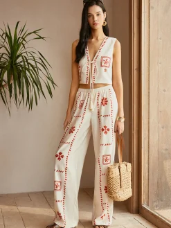 COMMENSE Pants Sets|Matching Sets^Print Knotted Tassel Pants Set Off-White