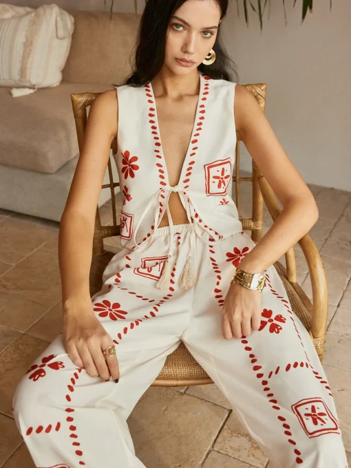 COMMENSE Pants Sets|Matching Sets^Print Knotted Tassel Pants Set Off-White