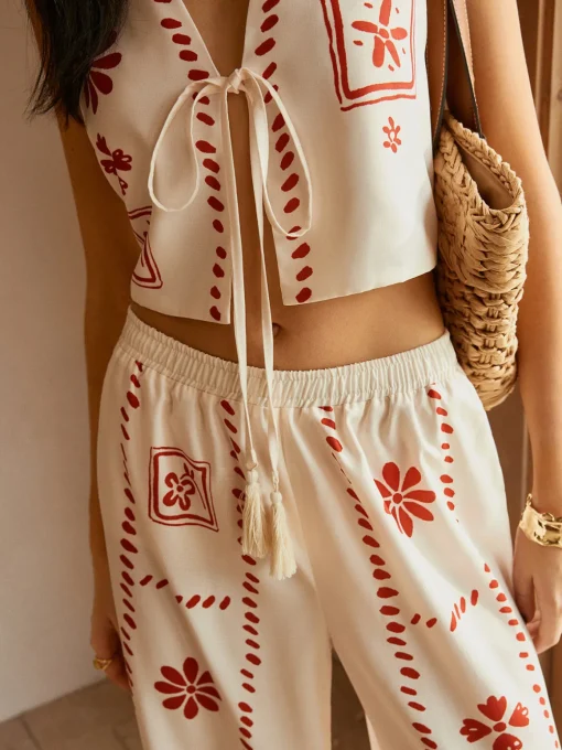 COMMENSE Pants Sets|Matching Sets^Print Knotted Tassel Pants Set Off-White