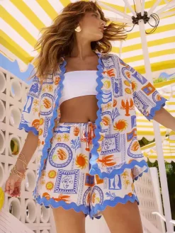 COMMENSE Shorts Sets|Shorts^Printed Button Down Shirt With Shorts Set Blue