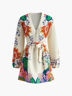 COMMENSE Dresses^Printed V-Neck Lantern Sleeves Short Dress White