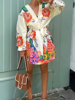 COMMENSE Dresses^Printed V-Neck Lantern Sleeves Short Dress White