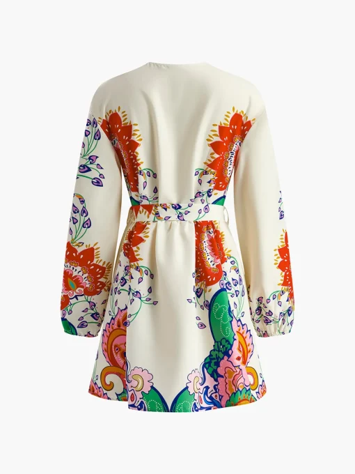 COMMENSE Dresses^Printed V-Neck Lantern Sleeves Short Dress White