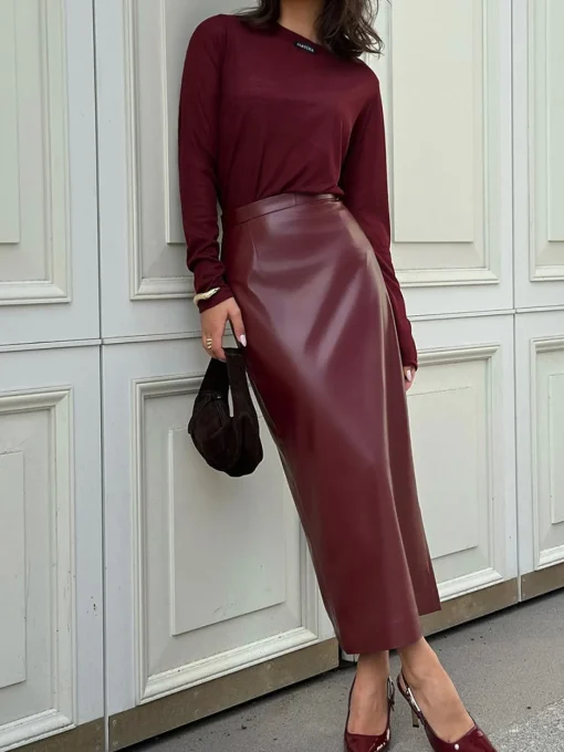 COMMENSE Skirts|Bottoms^PU Leather Slit Skirt Burgundy