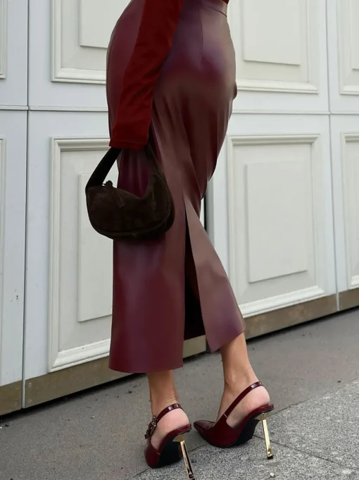 COMMENSE Skirts|Bottoms^PU Leather Slit Skirt Burgundy