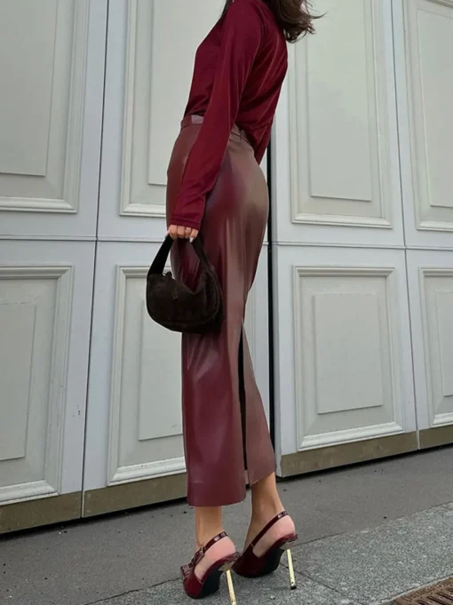 COMMENSE Skirts|Bottoms^PU Leather Slit Skirt Burgundy
