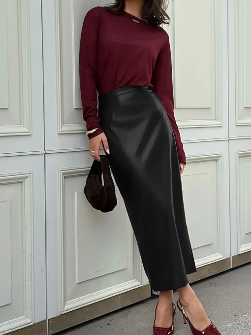 COMMENSE Skirts|Bottoms^PU Leather Slit Skirt Burgundy