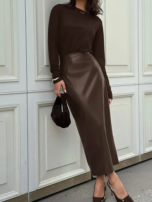 COMMENSE Skirts|Bottoms^PU Leather Slit Skirt Burgundy
