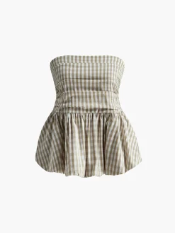 COMMENSE Tank Tops & Camis|Tops^Puff Shirred Plaid Tube Top Apricot