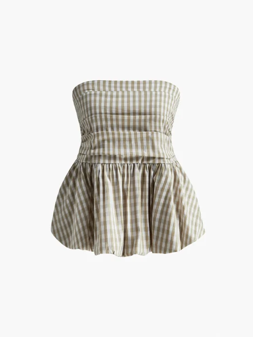 COMMENSE Tank Tops & Camis|Tops^Puff Shirred Plaid Tube Top Apricot