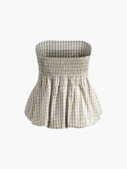 COMMENSE Tank Tops & Camis|Tops^Puff Shirred Plaid Tube Top Apricot
