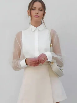 COMMENSE Blouses & Shirts|Tops^Puff Sleeve Organza Shirt White