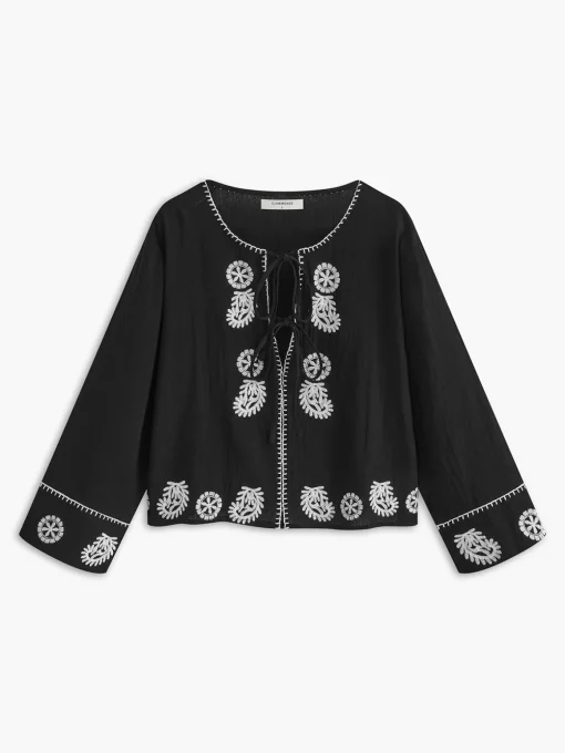 COMMENSE Tops^Pure Cotton Embroidery Tie Front Shirt Black