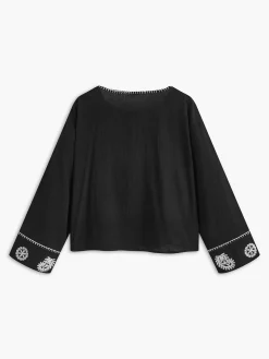 COMMENSE Tops^Pure Cotton Embroidery Tie Front Shirt Black