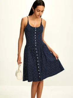 COMMENSE Vacation Dresses|Summer Dresses^Pure Cotton Printed Breasted Dress Navy
