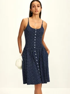COMMENSE Vacation Dresses|Summer Dresses^Pure Cotton Printed Breasted Dress Navy