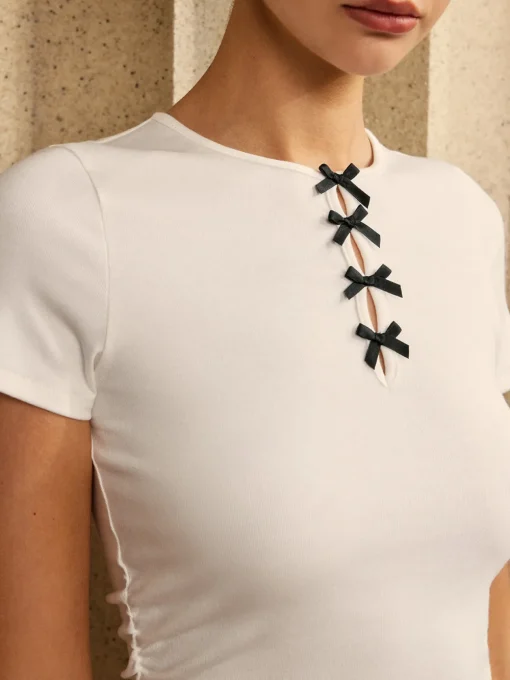 COMMENSE T-shirts|Tops^Pure Cotton Ribbon T-Shirt White