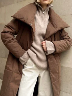 COMMENSE Outerwear|Coats^Quilted Long Winter Coat With Belt LightBrown
