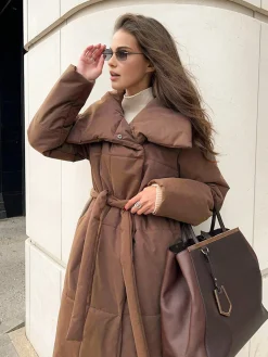 COMMENSE Outerwear|Coats^Quilted Long Winter Coat With Belt LightBrown