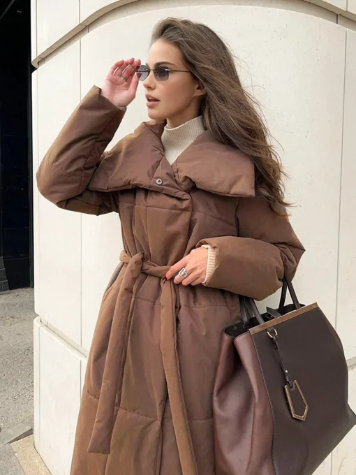 COMMENSE Outerwear|Coats^Quilted Long Winter Coat With Belt LightBrown