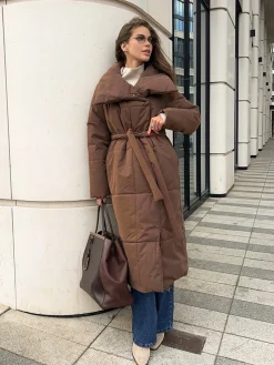 COMMENSE Outerwear|Coats^Quilted Long Winter Coat With Belt LightBrown