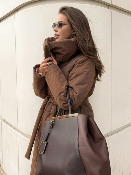 COMMENSE Outerwear|Coats^Quilted Long Winter Coat With Belt LightBrown