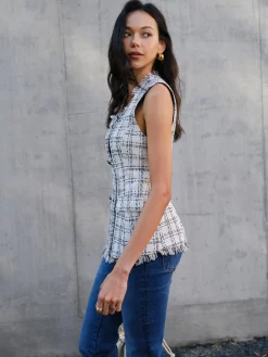 COMMENSE Tank Tops & Camis^Raw Hem Tweed Slim Tank Top White
