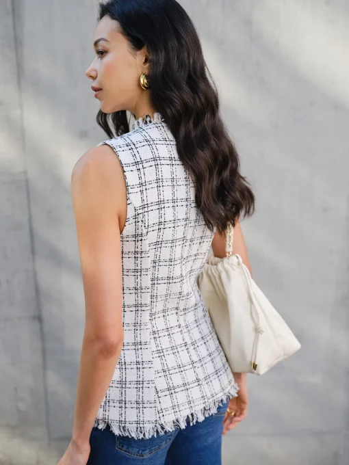 COMMENSE Tank Tops & Camis^Raw Hem Tweed Slim Tank Top White