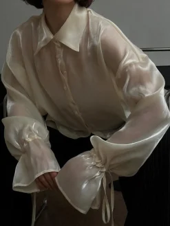 COMMENSE Blouses & Shirts|Tops^Rayon Semi-Sheer Polo Shirt Beige
