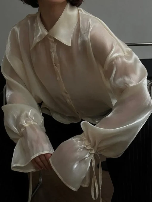 COMMENSE Blouses & Shirts|Tops^Rayon Semi-Sheer Polo Shirt Beige