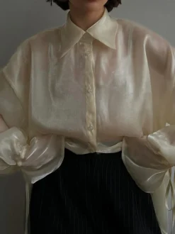 COMMENSE Blouses & Shirts|Tops^Rayon Semi-Sheer Polo Shirt Beige