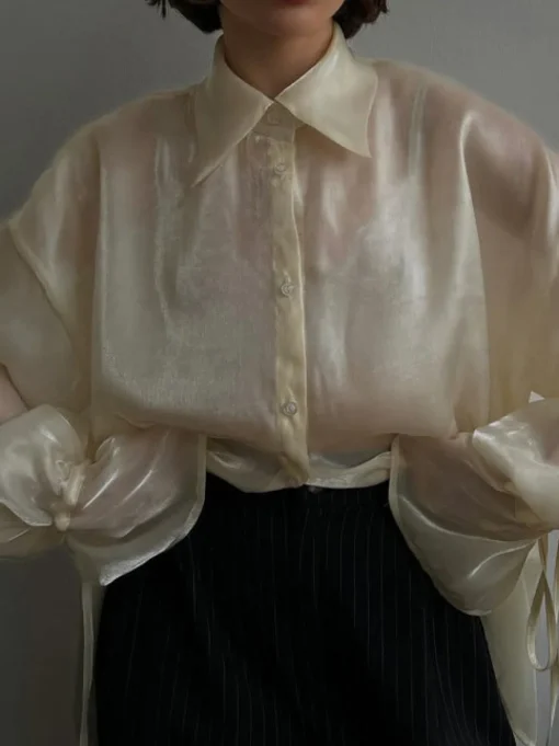COMMENSE Blouses & Shirts|Tops^Rayon Semi-Sheer Polo Shirt Beige