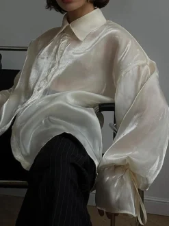 COMMENSE Blouses & Shirts|Tops^Rayon Semi-Sheer Polo Shirt Beige