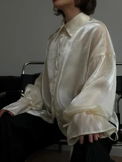 COMMENSE Blouses & Shirts|Tops^Rayon Semi-Sheer Polo Shirt Beige