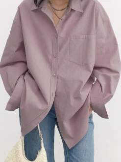 COMMENSE Blouses & Shirts|Tops^Relaxed Oversized Cotton Shirt Pink