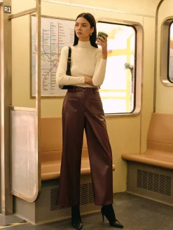 COMMENSE Pants|Bottoms^Retro Faux Leather Pants Burgundy
