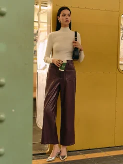 COMMENSE Pants|Bottoms^Retro Faux Leather Pants Burgundy