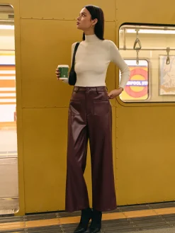 COMMENSE Pants|Bottoms^Retro Faux Leather Pants Burgundy