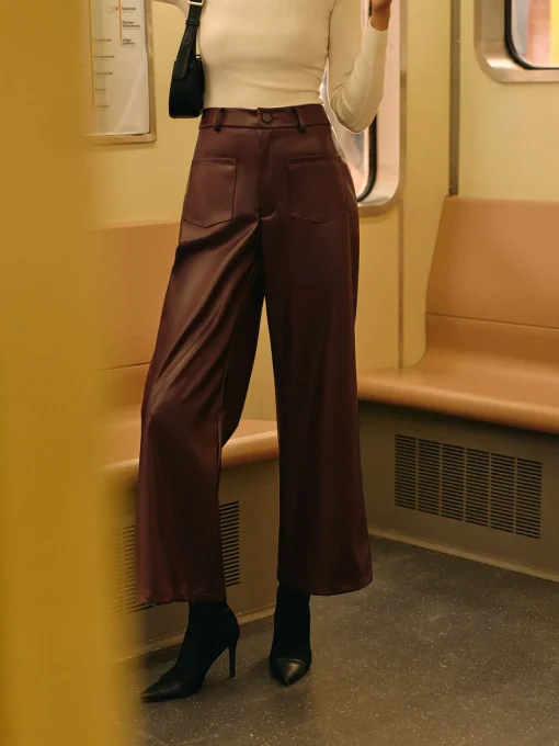 COMMENSE Pants|Bottoms^Retro Faux Leather Pants Burgundy