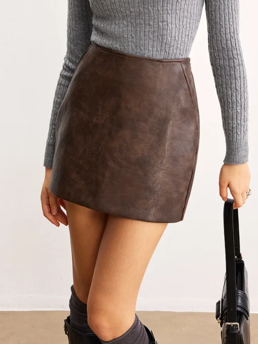 COMMENSE Skirts|Matching Sets^Retro Faux Leather Pockets Skirt Brown