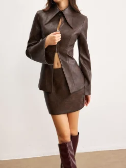 COMMENSE Skirts|Matching Sets^Retro Faux Leather Pockets Skirt Brown