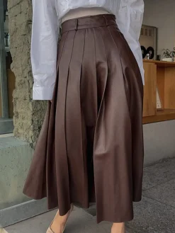 COMMENSE Skirts|Bottoms^Retro Pleated PU Leather Skirt DarkBrown
