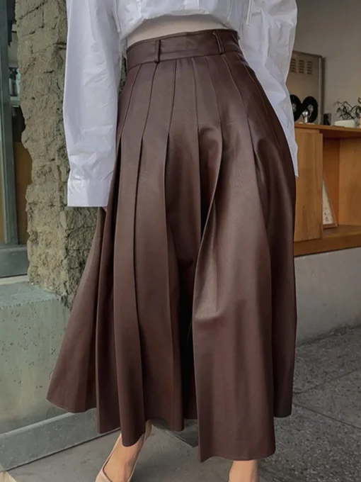 COMMENSE Skirts|Bottoms^Retro Pleated PU Leather Skirt DarkBrown