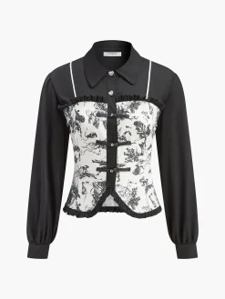 COMMENSE Blouses & Shirts|Tops^Retro Printed Slim Polo Blouse Black