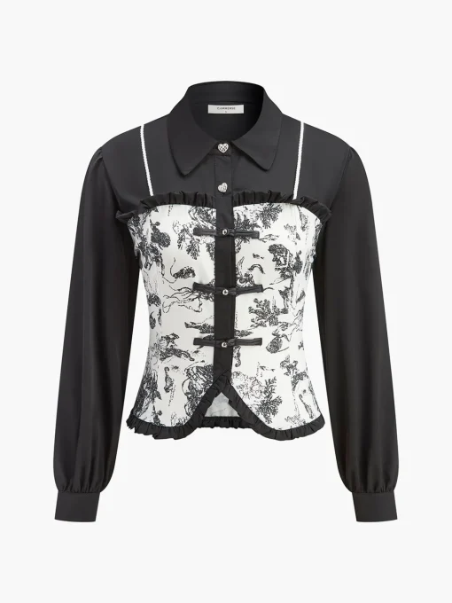 COMMENSE Blouses & Shirts|Tops^Retro Printed Slim Polo Blouse Black