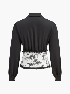 COMMENSE Blouses & Shirts|Tops^Retro Printed Slim Polo Blouse Black