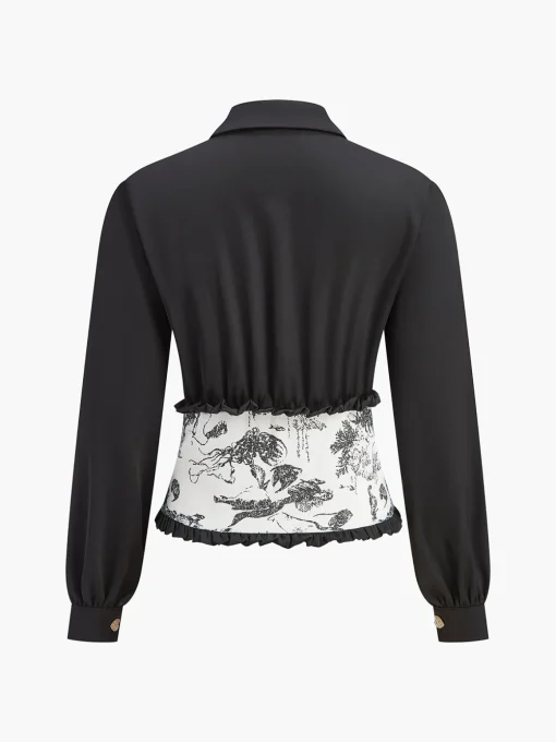 COMMENSE Blouses & Shirts|Tops^Retro Printed Slim Polo Blouse Black