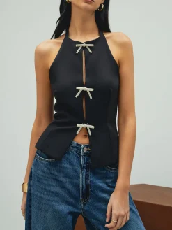 COMMENSE Tank Tops & Camis|Tops^Rhinestone Bow Decor Halter Tank Top Black
