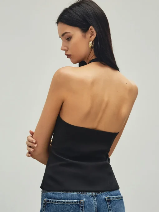 COMMENSE Tank Tops & Camis|Tops^Rhinestone Bow Decor Halter Tank Top Black